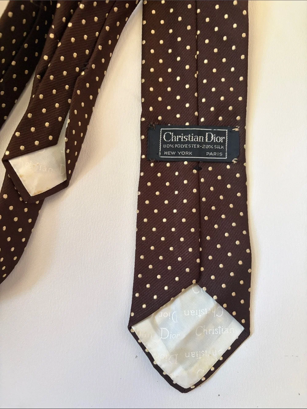 Dior Brown Silk Tie with Cream Polka Dots